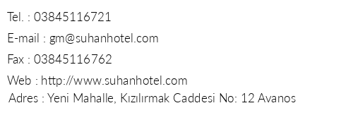 Suhan Hotel telefon numaralar, faks, e-mail, posta adresi ve iletiim bilgileri